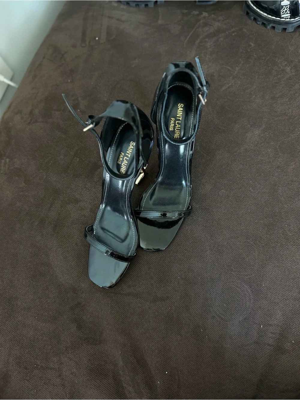 Louis Vuitton Black Patent Sandals with Gold LV Logo Heels